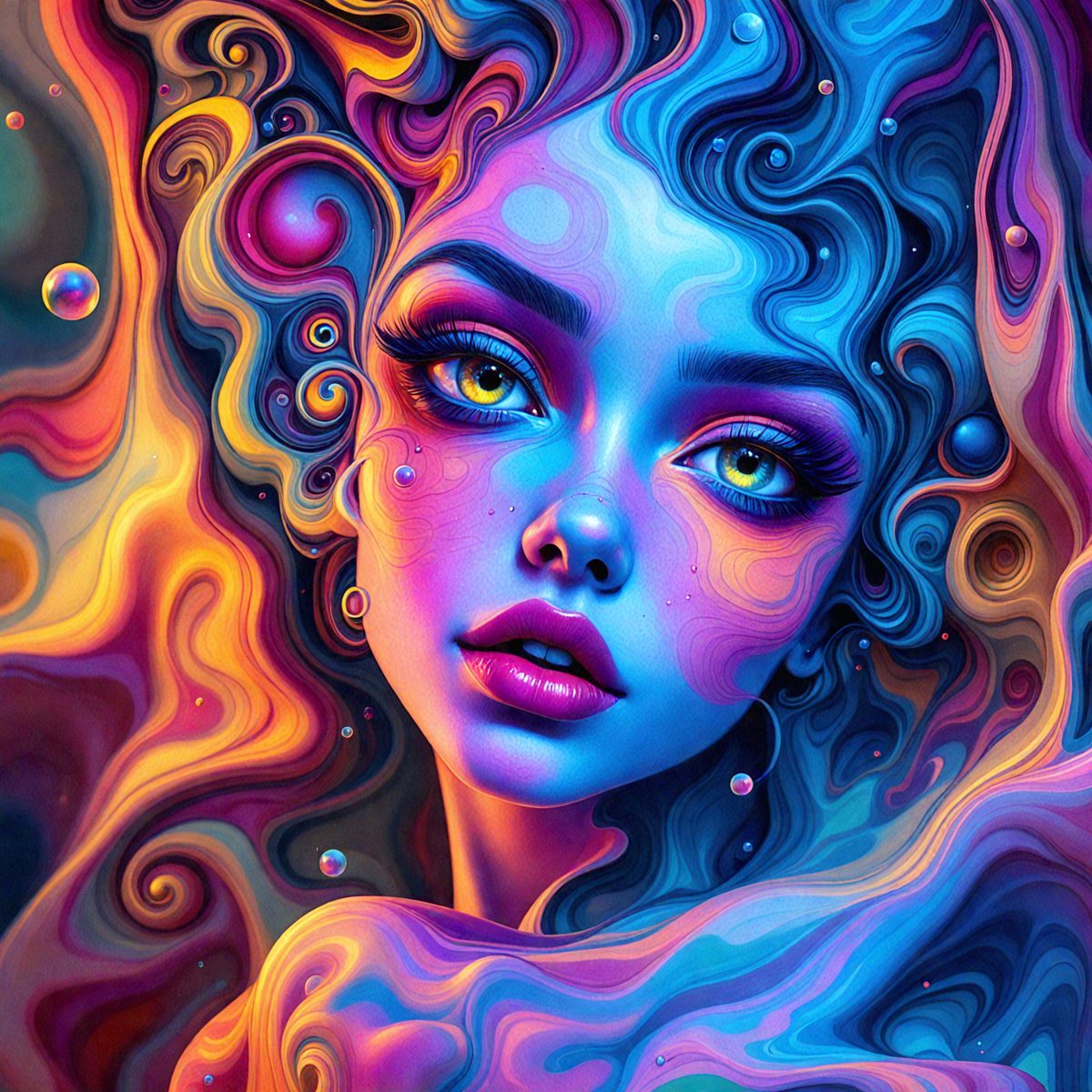 The primary subject of the image is a woman with blue eyes, painted in a vibrant and colorful manner. She is surrounded by a swirling, colorful background that adds to the overall atmosphere of the painting. The visual style of the image is a combination of digital art and illustration, creating a unique and eye-catching piece of art. The colors and mood of the painting are lively and energetic, with the woman's blue eyes standing out as the focal point.